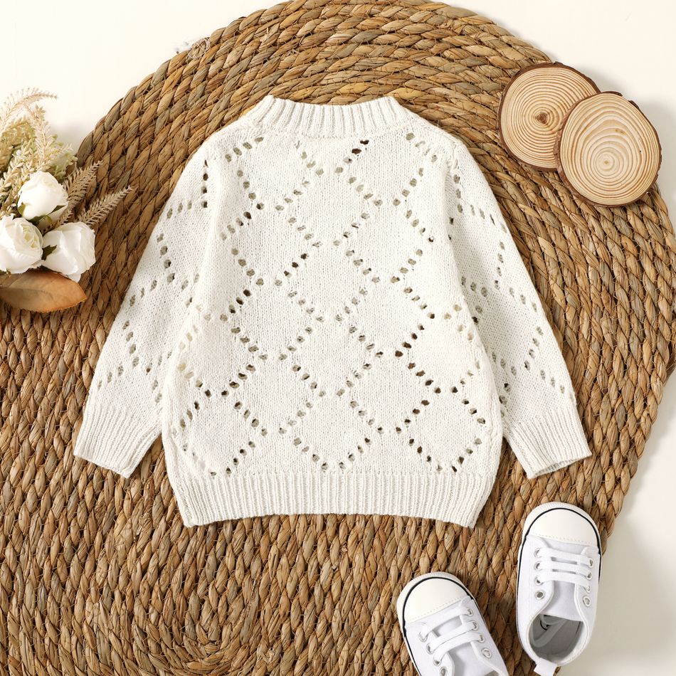 Baby Boy/Girl Solid Hollow-out Knitted Long-sleeve Pullover Sweater White big image 3