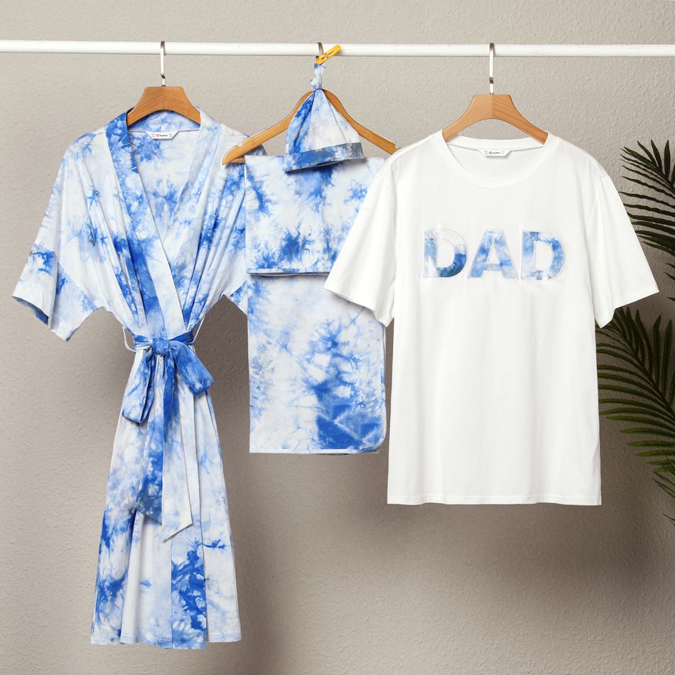 Family Matching Blue Tie Dye Short-sleeve Robe Swaddle Hat and Letter Print T-shirt Sets Light Blue