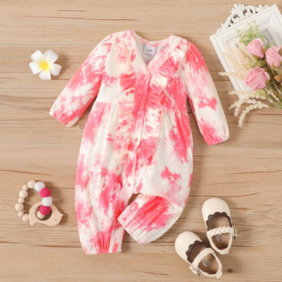 Baby Girl Pink Tie Dye Ribbed V Neck Ruffle Snap Long-sleeve Jumpsuit Pink