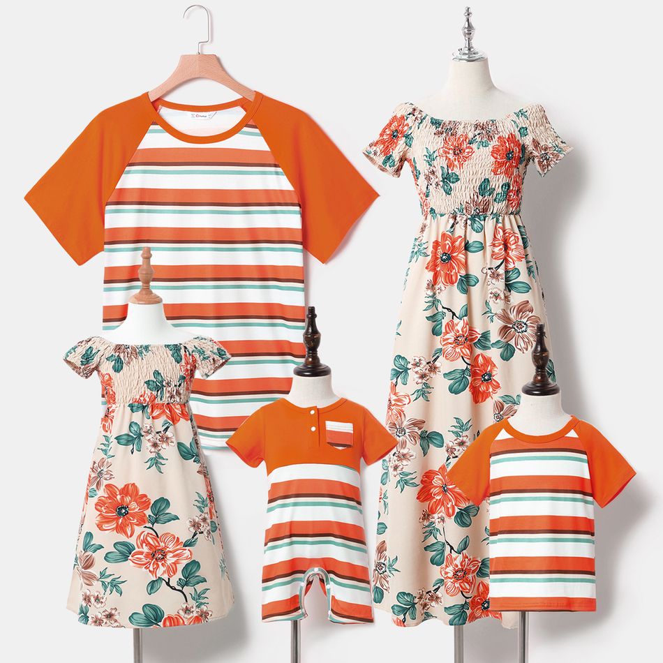 Family Matching Floral Print Off Shoulder Shirred Dresses and Short Raglan Sleeve Striped T-shirts Sets Orange