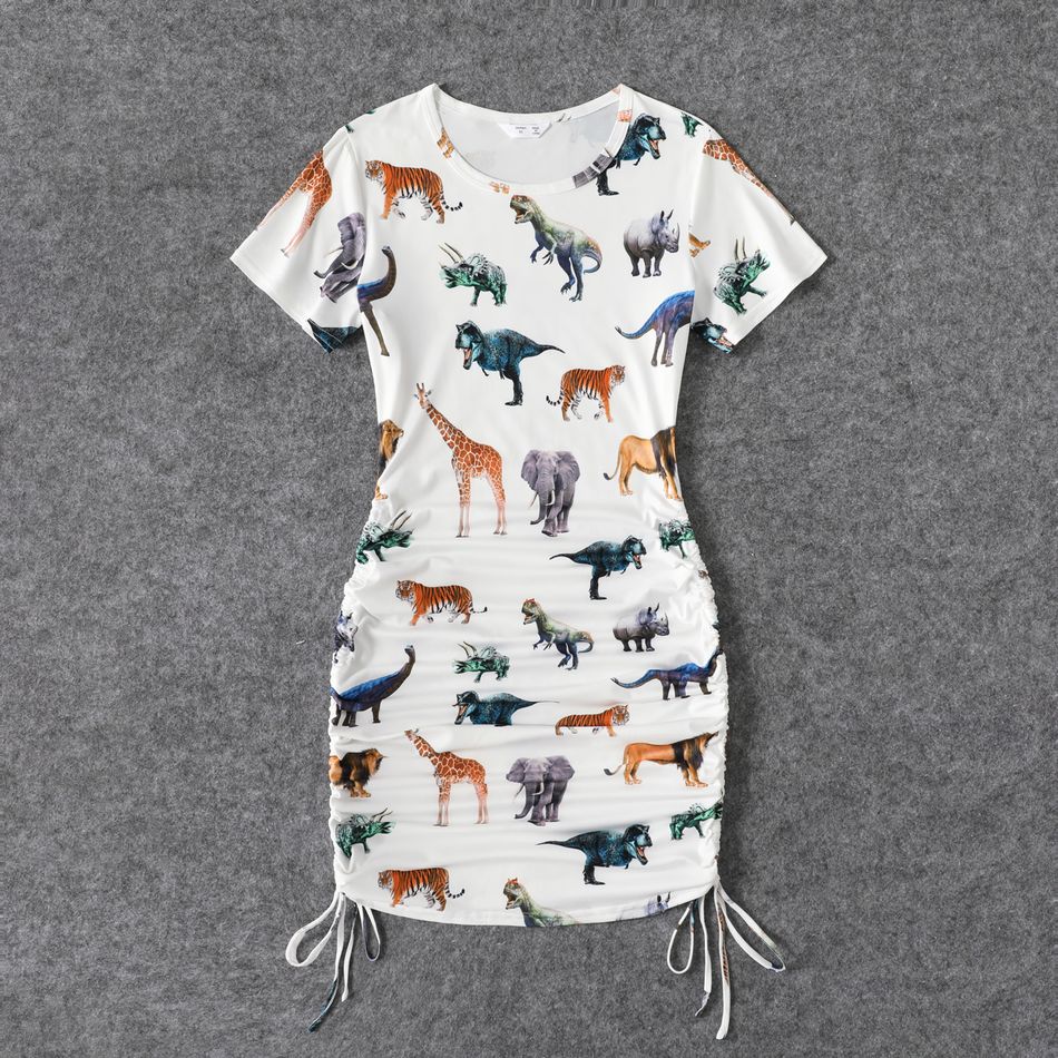 Family Matching All Over Animal Print Short-sleeve Mini Bodycon Ruched Dresses and Raglan-sleeve T-shirts Sets White big image 6