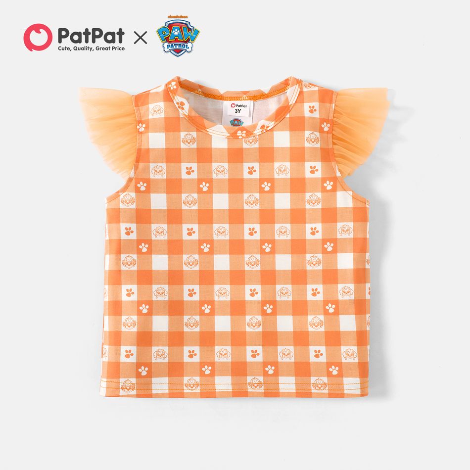 PAW Patrol Toddler Girl Dog Print Plaid Mesh Flutter-sleeve Tee Orange