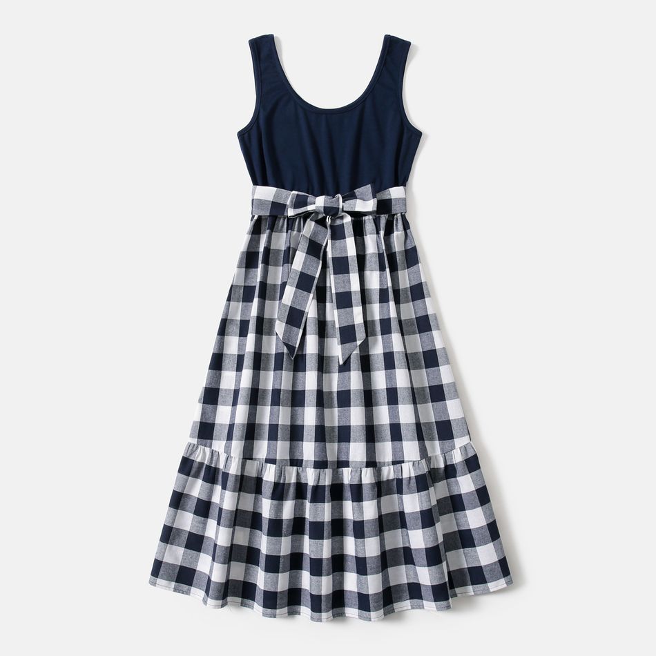 Solid and Plaid Splicing U Neck Tank Dress for Mom and Me Tibetanblue big image 2