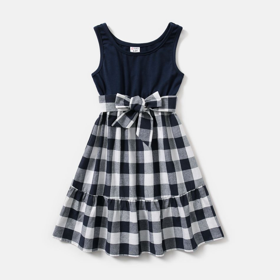 Solid and Plaid Splicing U Neck Tank Dress for Mom and Me Tibetanblue big image 6