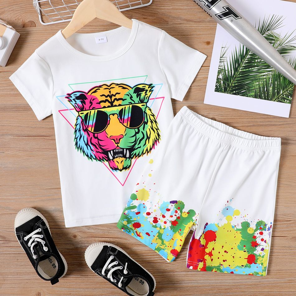 2pcs Kid Boy Animal Tiger Print Short-sleeve Tee and Colorblock Shorts Set White
