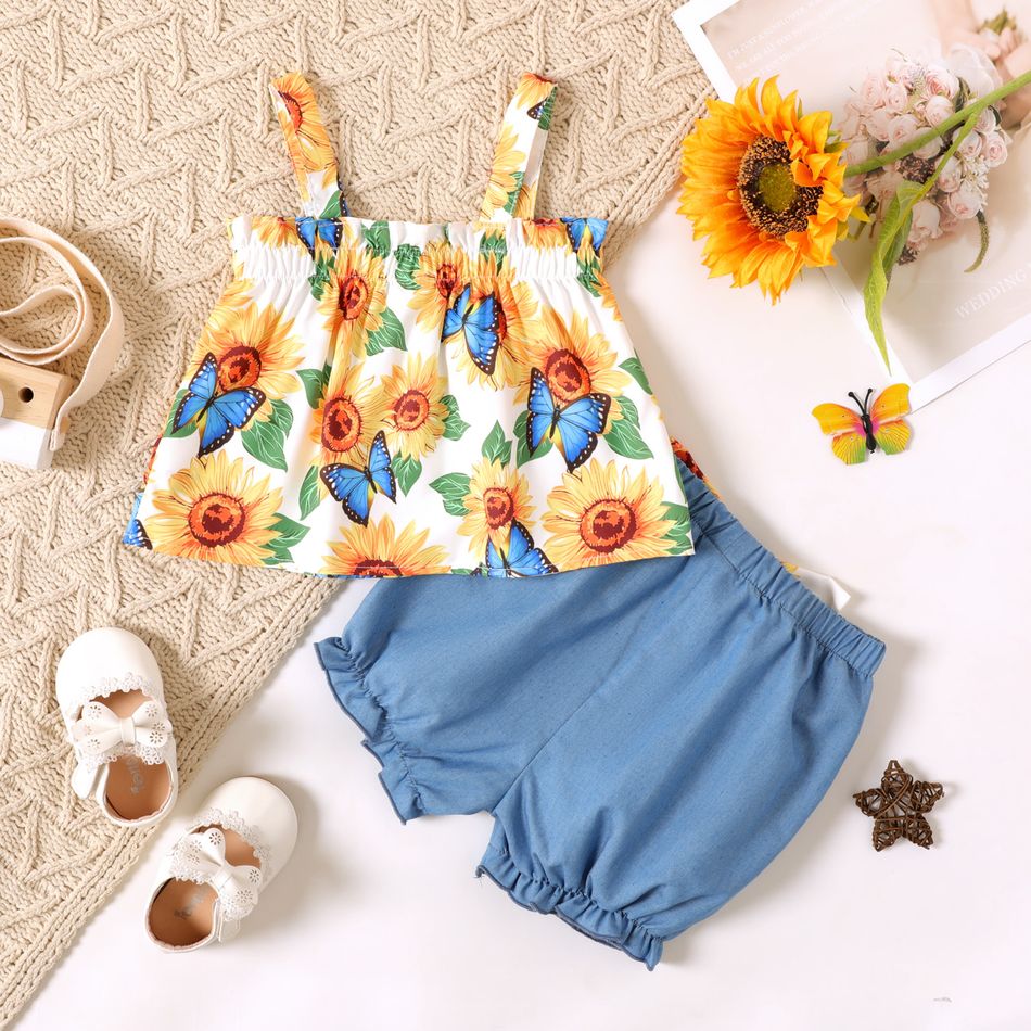 2pcs Baby Girl All Over Sunflower Floral Print Sleeveless Top and Imitation Denim Shorts Set Color block big image 2