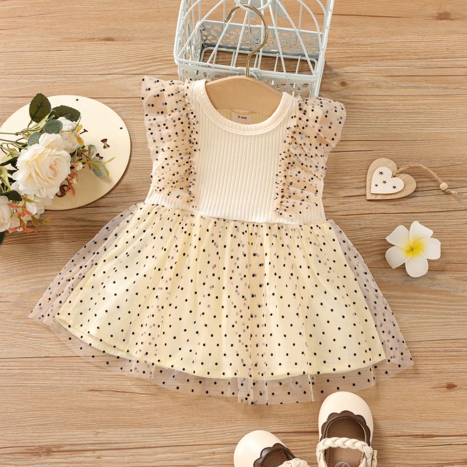 100% Cotton Baby Girl Solid Ribbed Sleeveless Splicing Dots Mesh Ruffle Dress Apricot