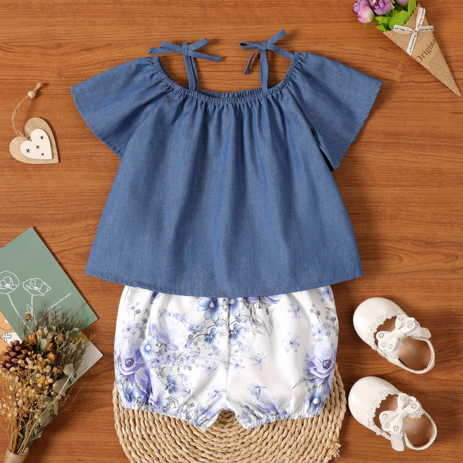2pcs Baby Girl Imitation Denim Cold Shoulder Short-sleeve Top and Floral Print Shorts Set DENIMBLUE big image 2