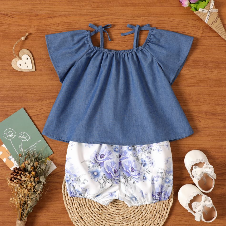 2pcs Baby Girl Imitation Denim Cold Shoulder Short-sleeve Top and Floral Print Shorts Set DENIMBLUE big image 1