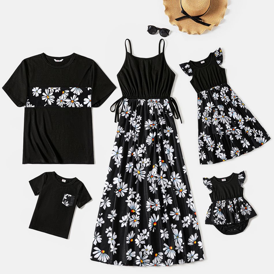 Family Matching Black Spaghetti Strap Splicing Allover Daisy Floral Print Dresses and Short-sleeve Cotton T-shirts Sets Black