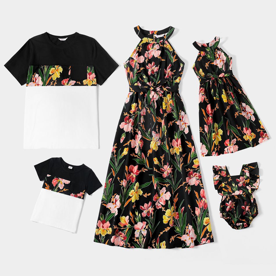 Family Matching All Over Floral Print Black Halter Neck Off Shoulder Dresses and Short-sleeve Splicing T-shirts Sets ColorBlock