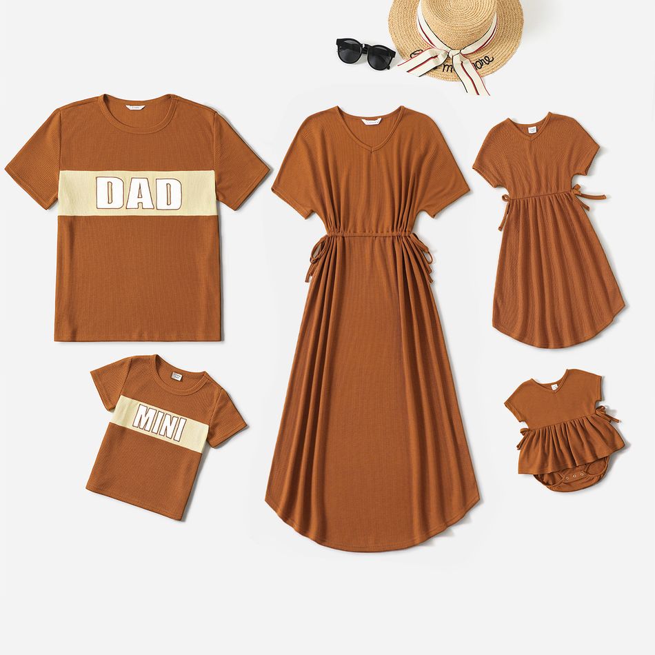 Family Matching Brown Short-sleeve Drawstring Dresses and Letter Print T-shirts Sets YellowBrown