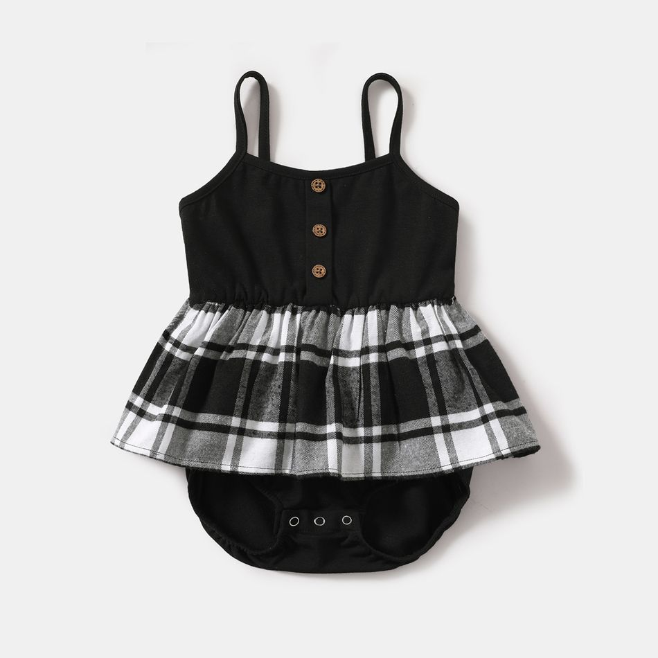 Black and Plaid Splicing Spaghetti Strap Button Belted Romper for Mom and Me BlackandWhite big image 7