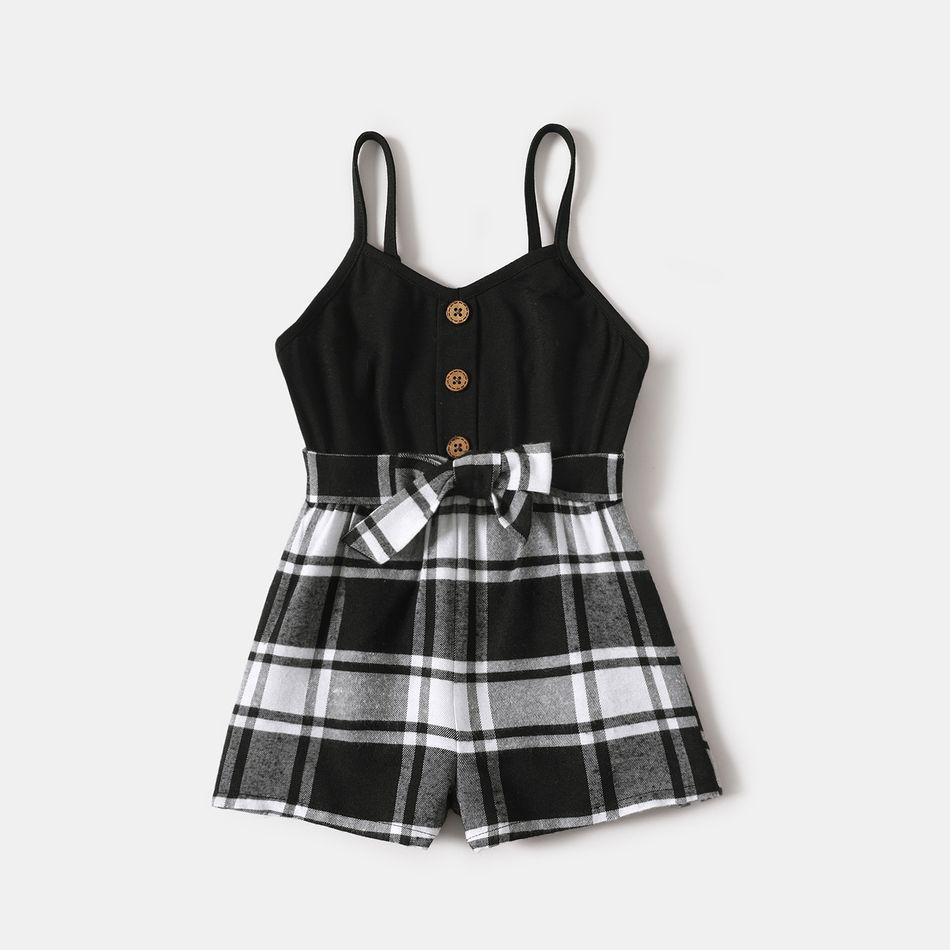 Black and Plaid Splicing Spaghetti Strap Button Belted Romper for Mom and Me BlackandWhite big image 6