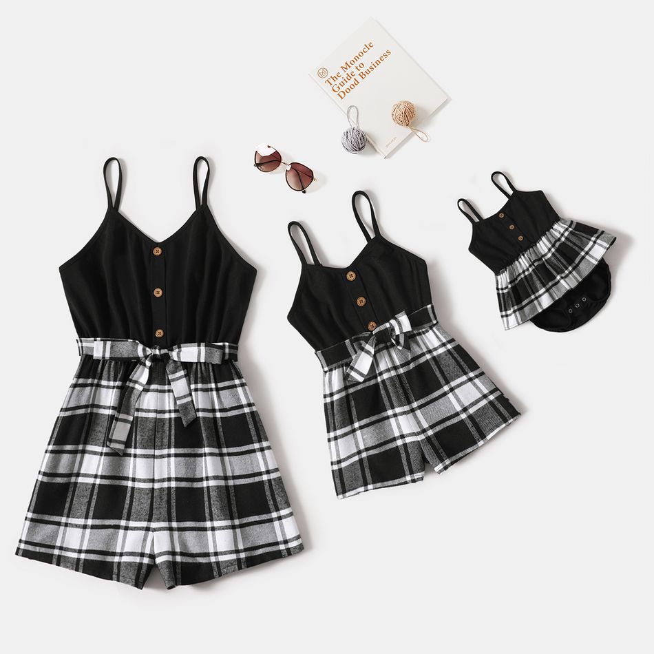 Black and Plaid Splicing Spaghetti Strap Button Belted Romper for Mom and Me BlackandWhite big image 1