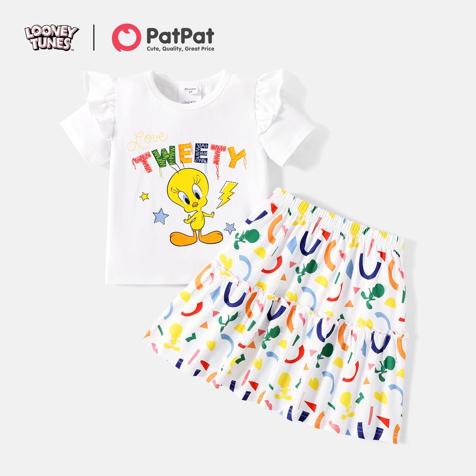 Looney Tunes 2pcs Toddler Girl Letter Print Ruffled Short-sleeve Cotton Tee and Allover Print Skirt Set Colorful