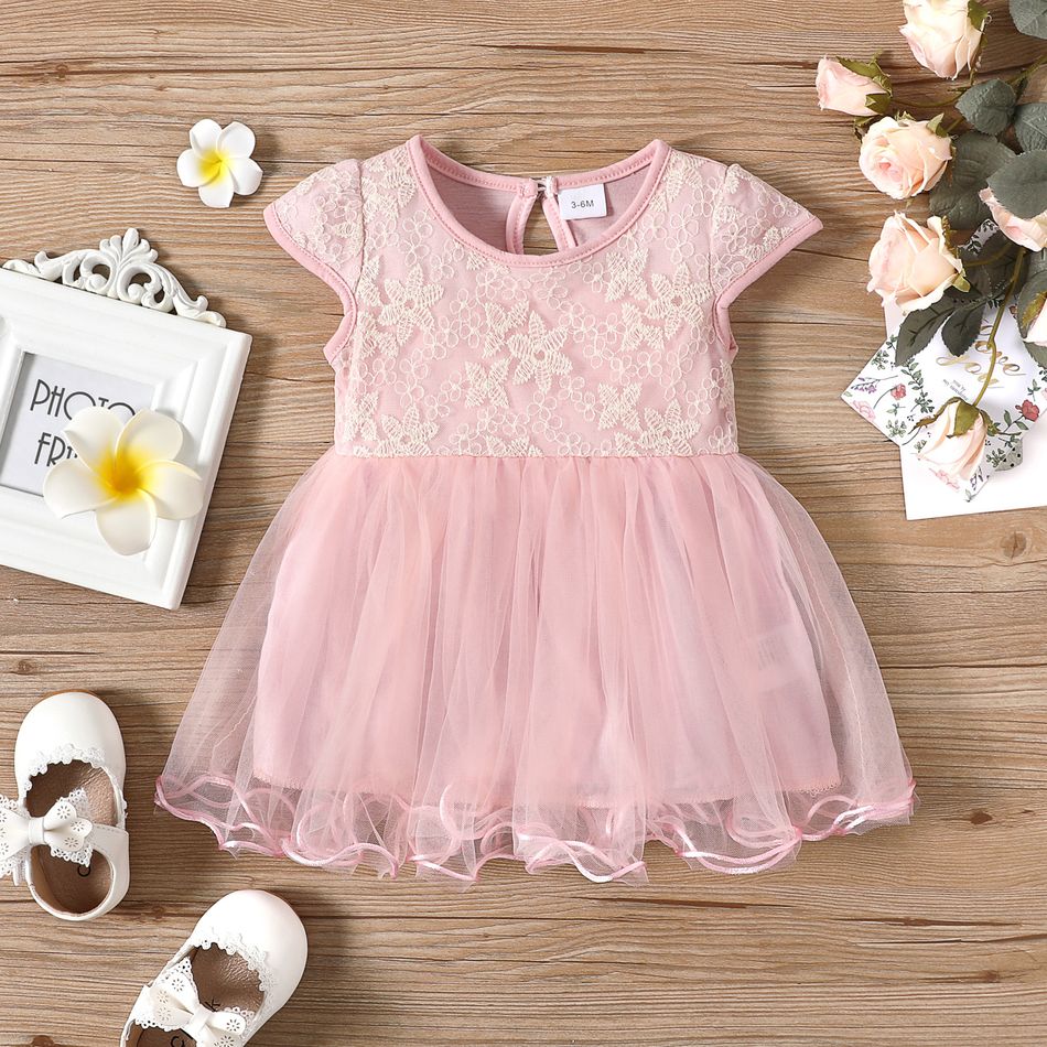 Baby Girl Pink Lace Cap-sleeve Mesh Dress Pink