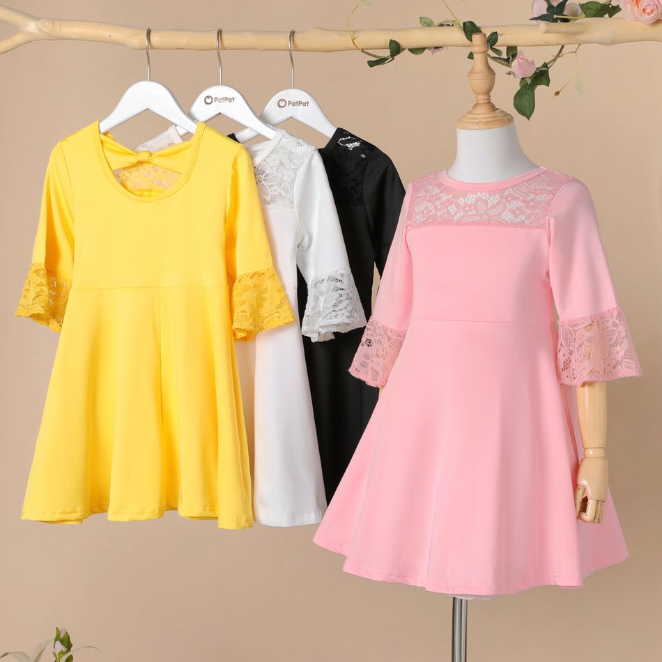 Kid Girl Lace Design Backless Bowknot Design Half Bell sleeves Solid Color Dress White big image 2
