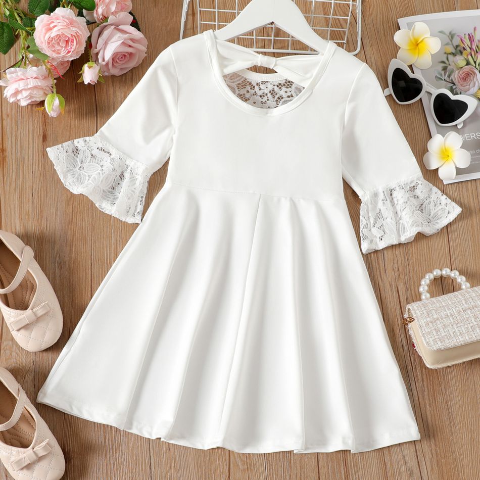 Kid Girl Lace Design Backless  Bowknot Design Half Bell sleeves Solid Color Dress White big image 6