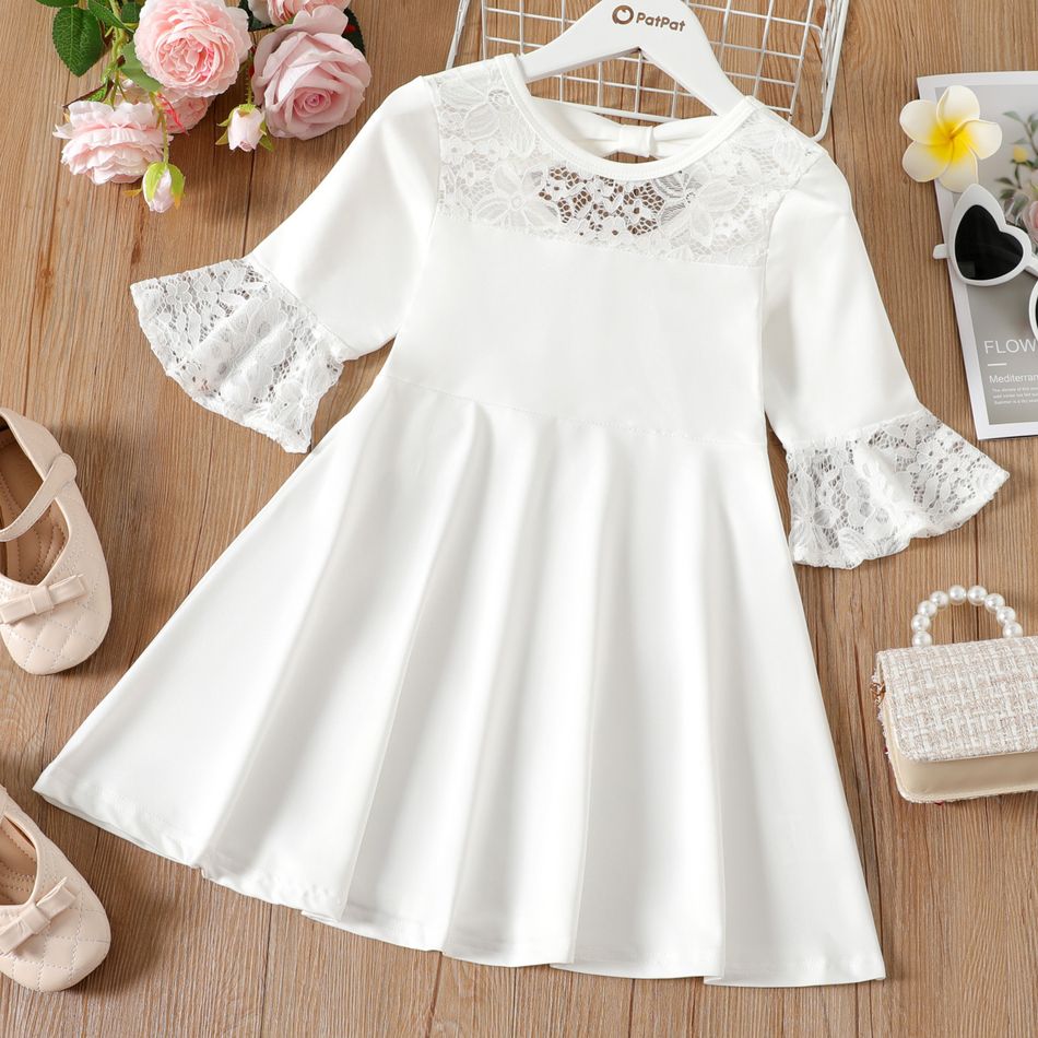 Kid Girl Lace Design Backless  Bowknot Design Half Bell sleeves Solid Color Dress White big image 1