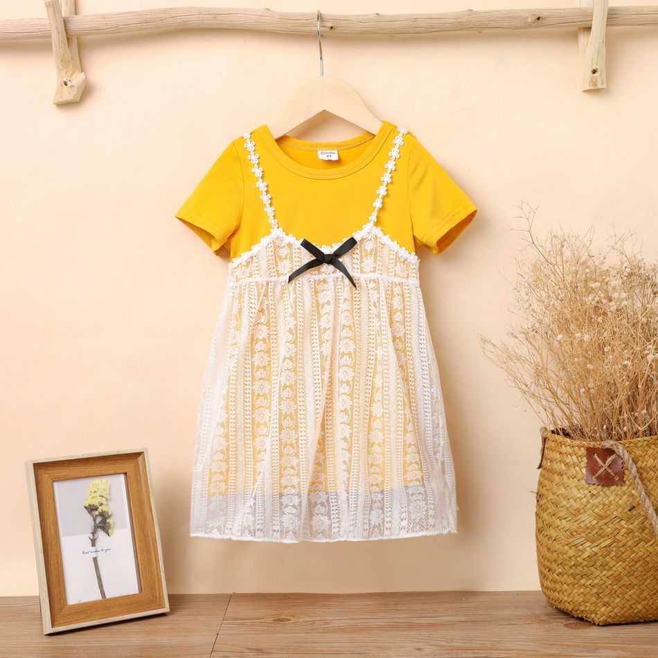 2pcs Toddler Girl Short-sleeve Ginger Tee and Bowknot Lace Design Overall Dress Set Ginger-2