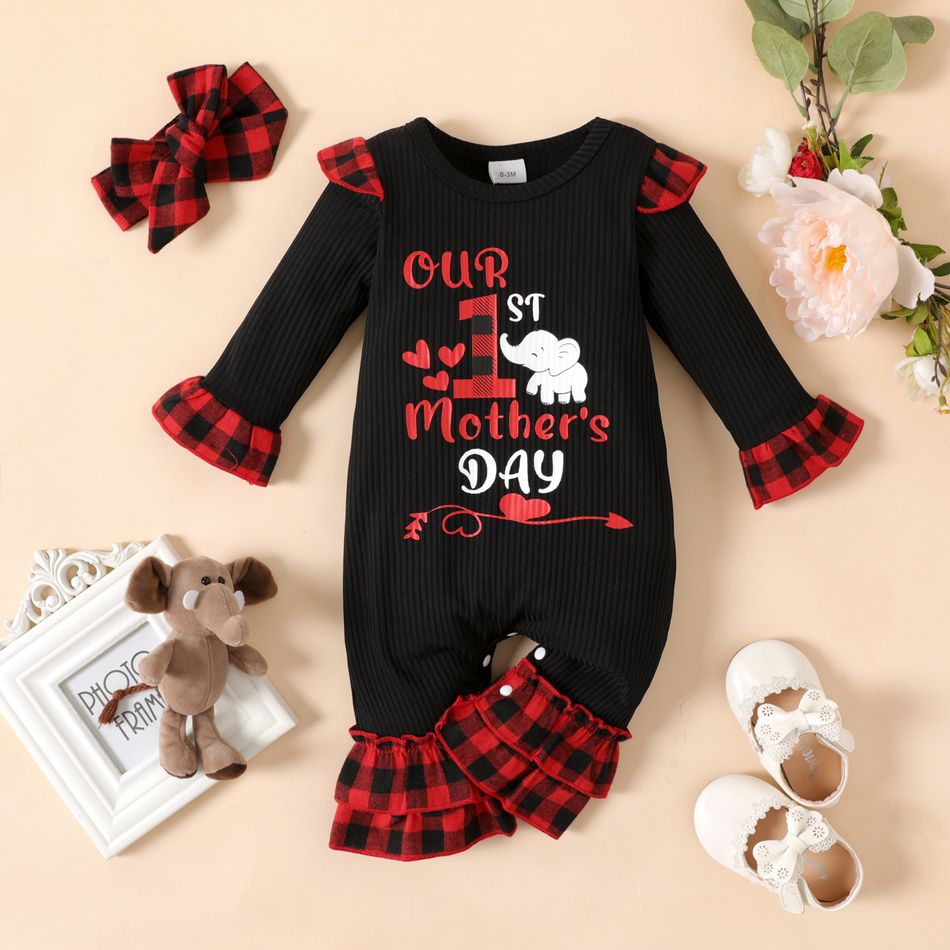 Mother's Day 2pcs Baby Girl Red Plaid Ruffle Splicing Letter Print Ribbed Long-sleeve Jumpsuit with Headband Set Black