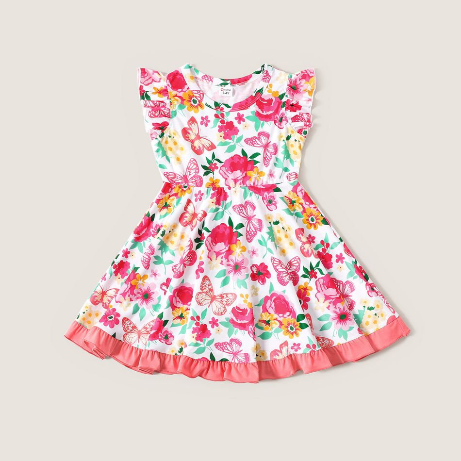 Sibling Matching All Over Butterfly and Floral Print Ruffle Flutter-sleeve Dress and Romper Set Pink big image 2