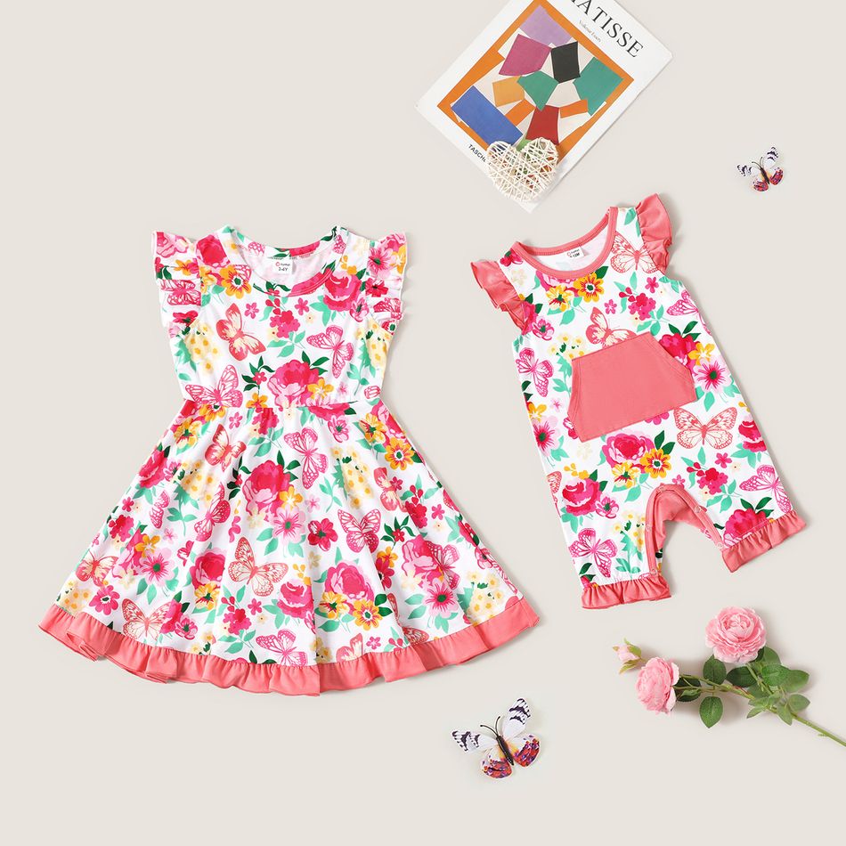 Sibling Matching All Over Butterfly and Floral Print Ruffle Flutter-sleeve Dress and Romper Set Pink big image 1
