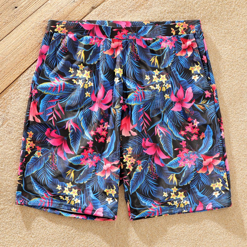 Family Matching All Over Floral Print Swim Trunks Shorts and Golden Webbing Sleeveless One-Piece Swimsuit Black big image 8