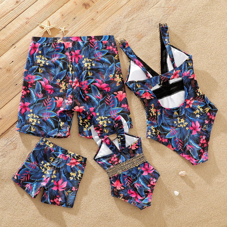 Family Matching All Over Floral Print Swim Trunks Shorts and Golden Webbing Sleeveless One-Piece Swimsuit Black big image 2