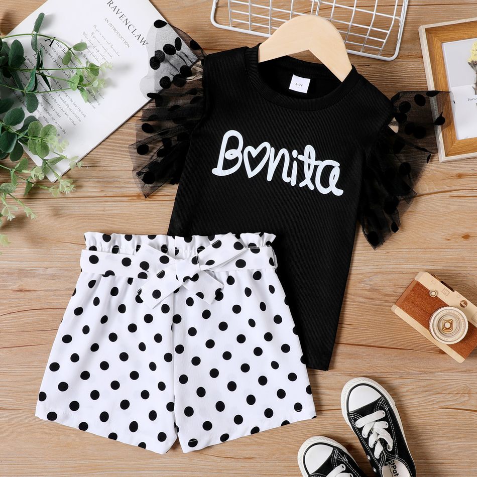 2-piece Kid Girl Letter Print Mesh Flutter-sleeve Black Tee and Belted Polka dots Shorts Set White