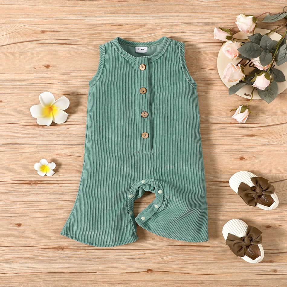 Baby Girl Solid Corduroy Button Up Sleeveless Bell Bottom Jumpsuit Green