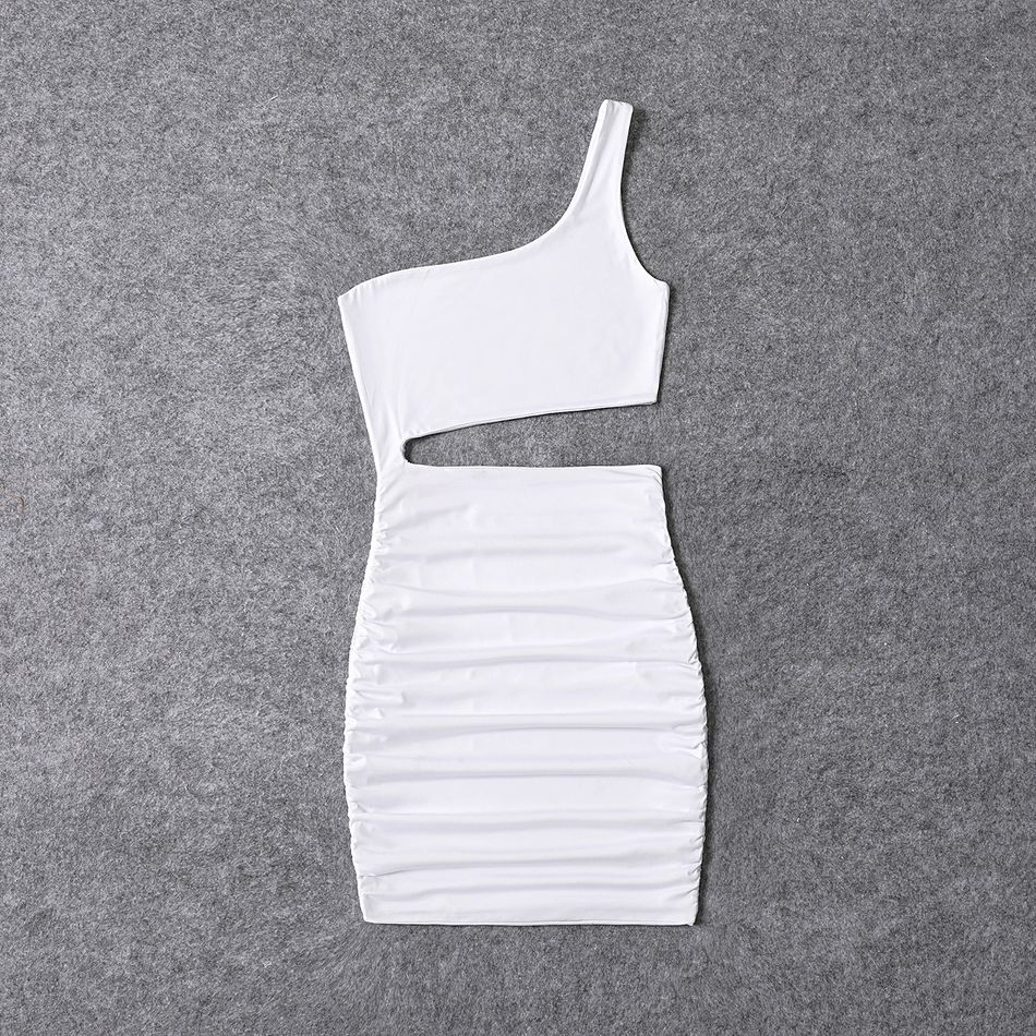 White One Shoulder Sleeveless Hollow Out Ruched Bodycon Dress for Mom and Me White big image 7