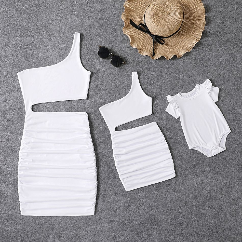 White One Shoulder Sleeveless Hollow Out Ruched Bodycon Dress for Mom and Me White big image 6
