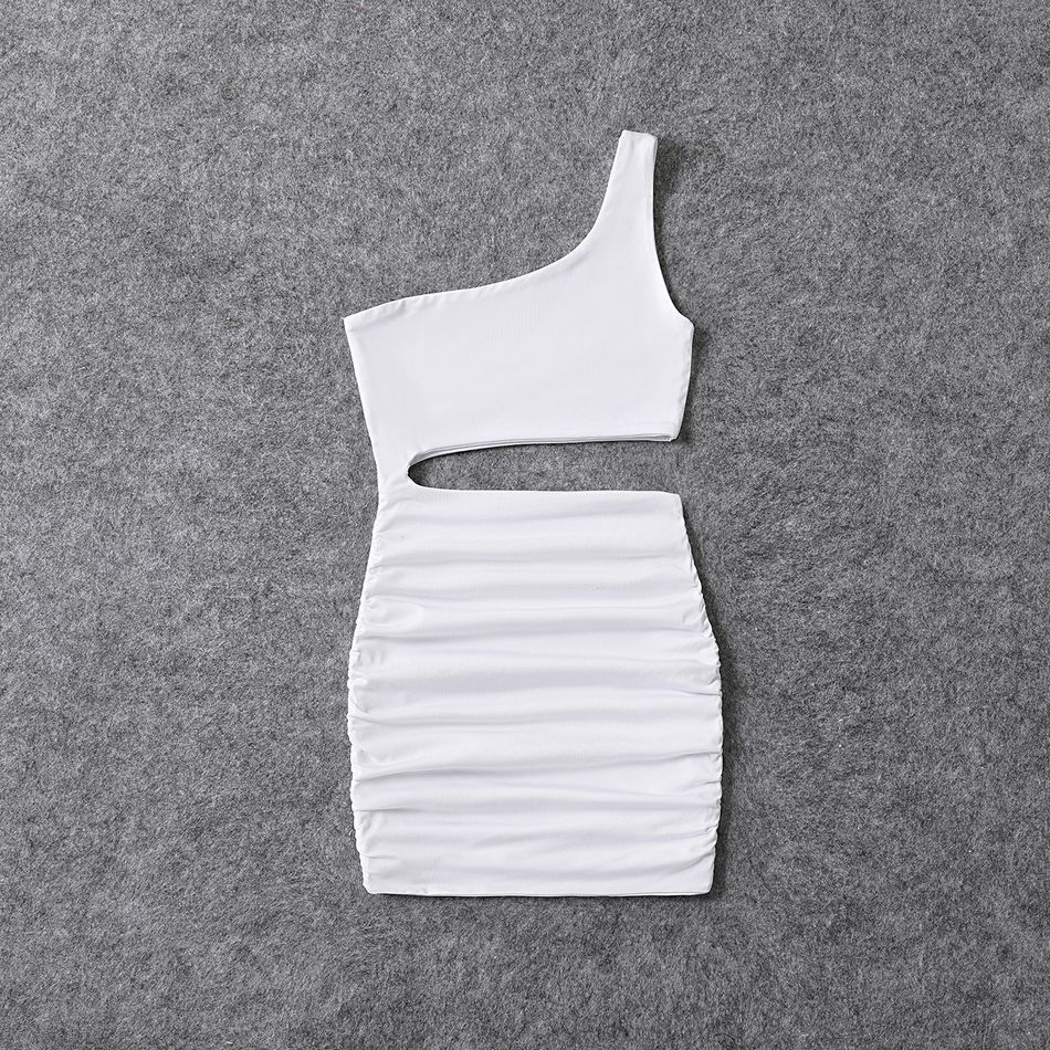 White One Shoulder Sleeveless Hollow Out Ruched Bodycon Dress for Mom and Me White big image 12