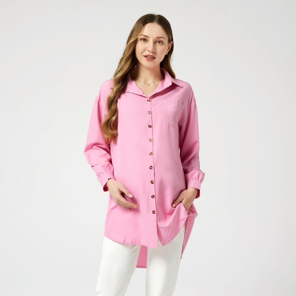 Maternity Vacation Print Polo collar long sleeve Shirt Dark Pink