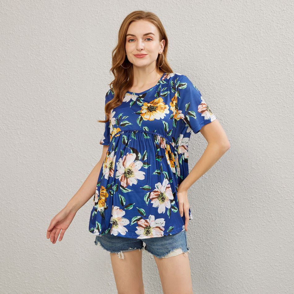Maternity Floral Print Lace Trim Short-sleeve T-shirt Deep Blue