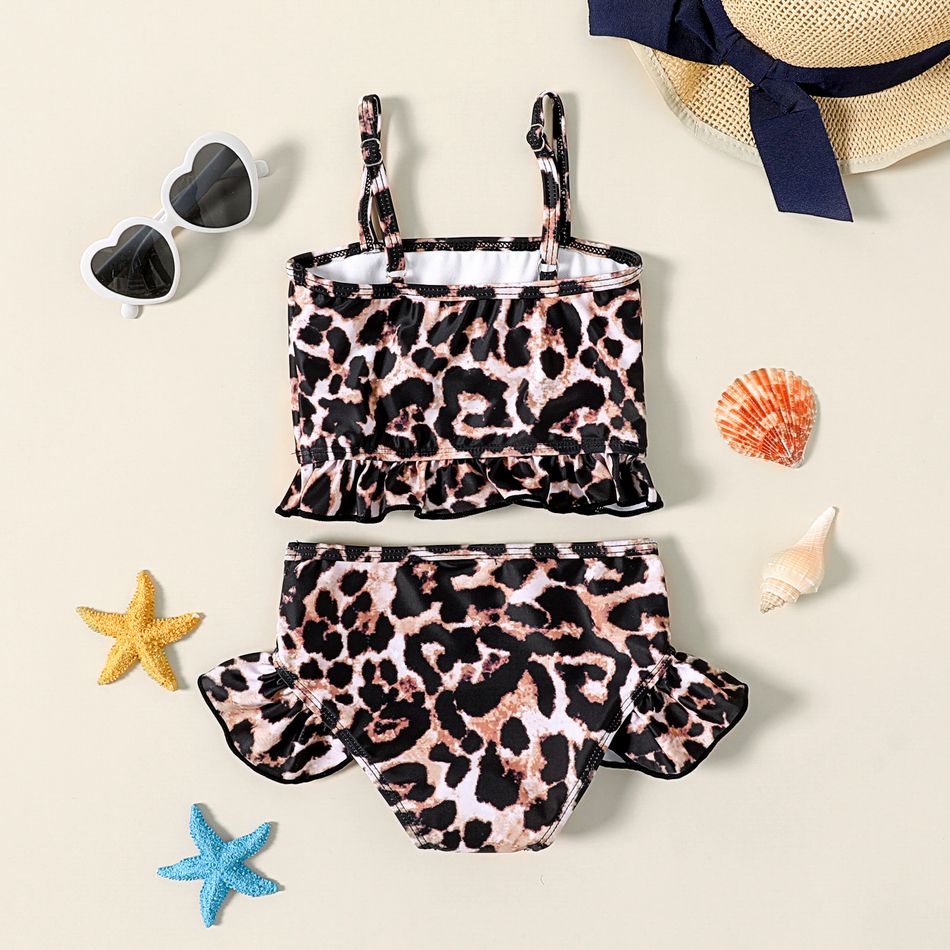 2pcs Baby Girl Leopard Spaghetti Strap Ruffle Two-Piece Swimsuit Multi-color