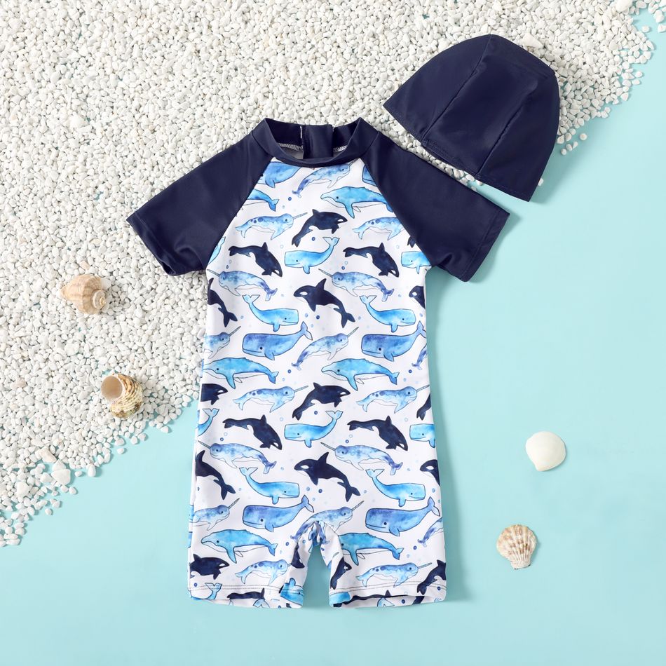 2pcs Toddler Boy Shark Print Onepiece Swimsuit and Cap Set Grey