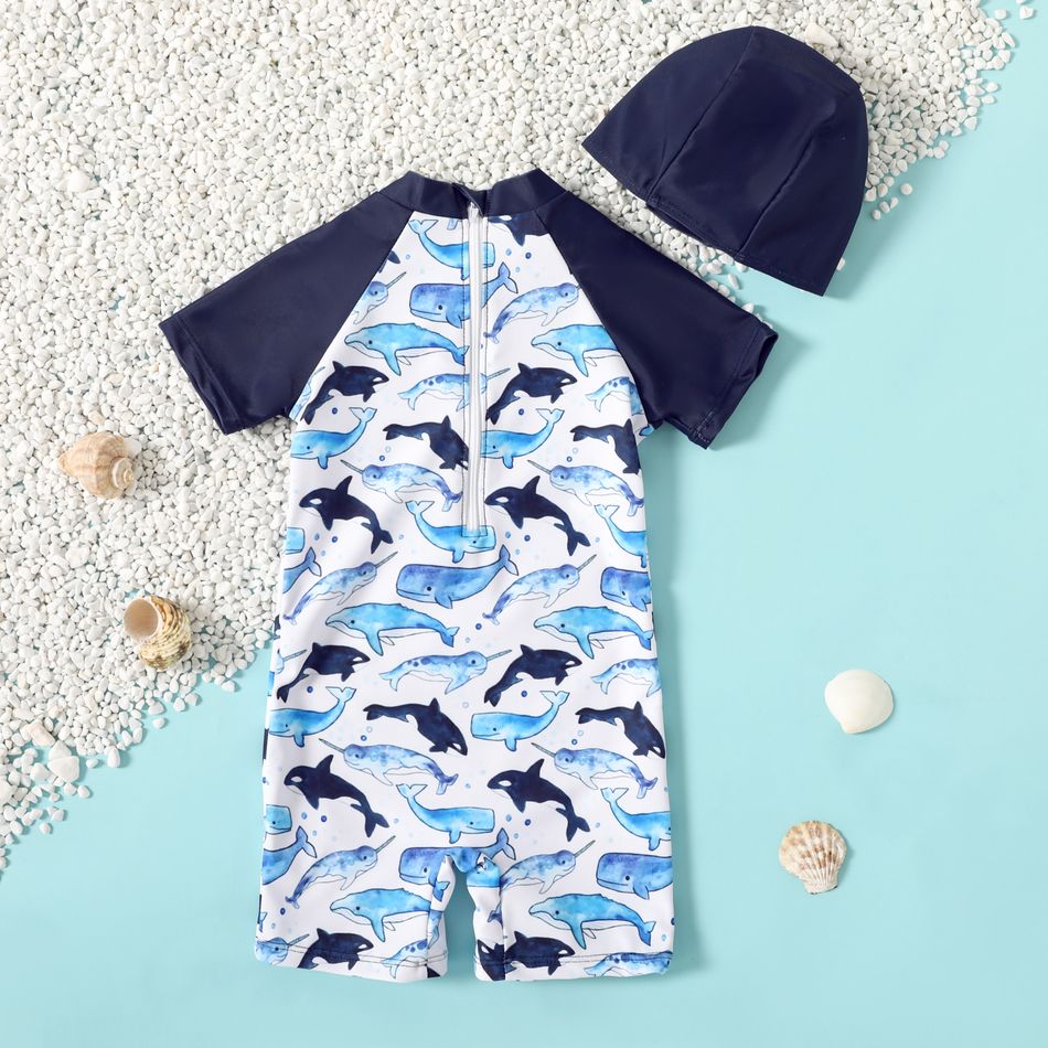 2pcs Toddler Boy Shark Print Onepiece Swimsuit and Cap Set Grey big image 2