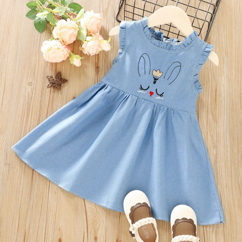 Denim Trends Denim Bunny Embroidery Ruffle Decor Sleeveless Blue Toddler Tank Dress Blue