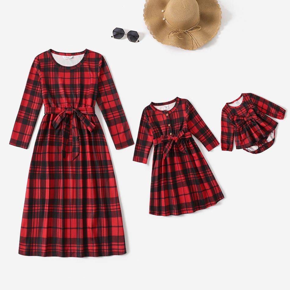 Christmas Red Plaid 3/4 Sleeve Belted Dress for Mom and Me Red big image 1