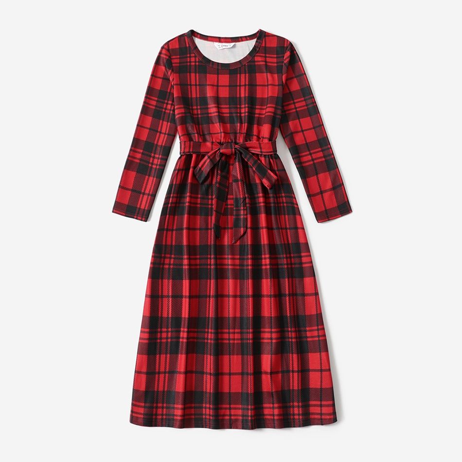 Christmas Red Plaid 3/4 Sleeve Belted Dress for Mom and Me Red big image 2