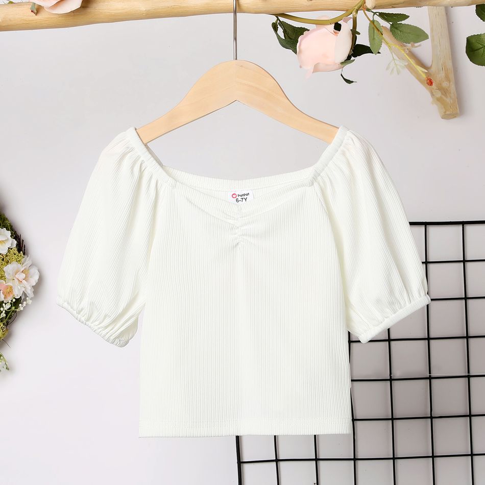 Kid Girl Solid Color Sweetheart Collar Short Puff-sleeve Tee White