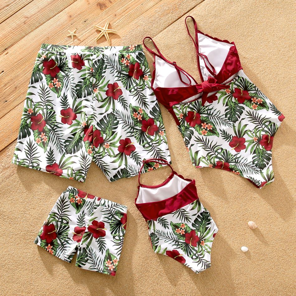 Family Matching All Over Plant Print Swim Trunks Shorts and Spaghetti Strap Splicing One-Piece Swimsuit Red big image 7