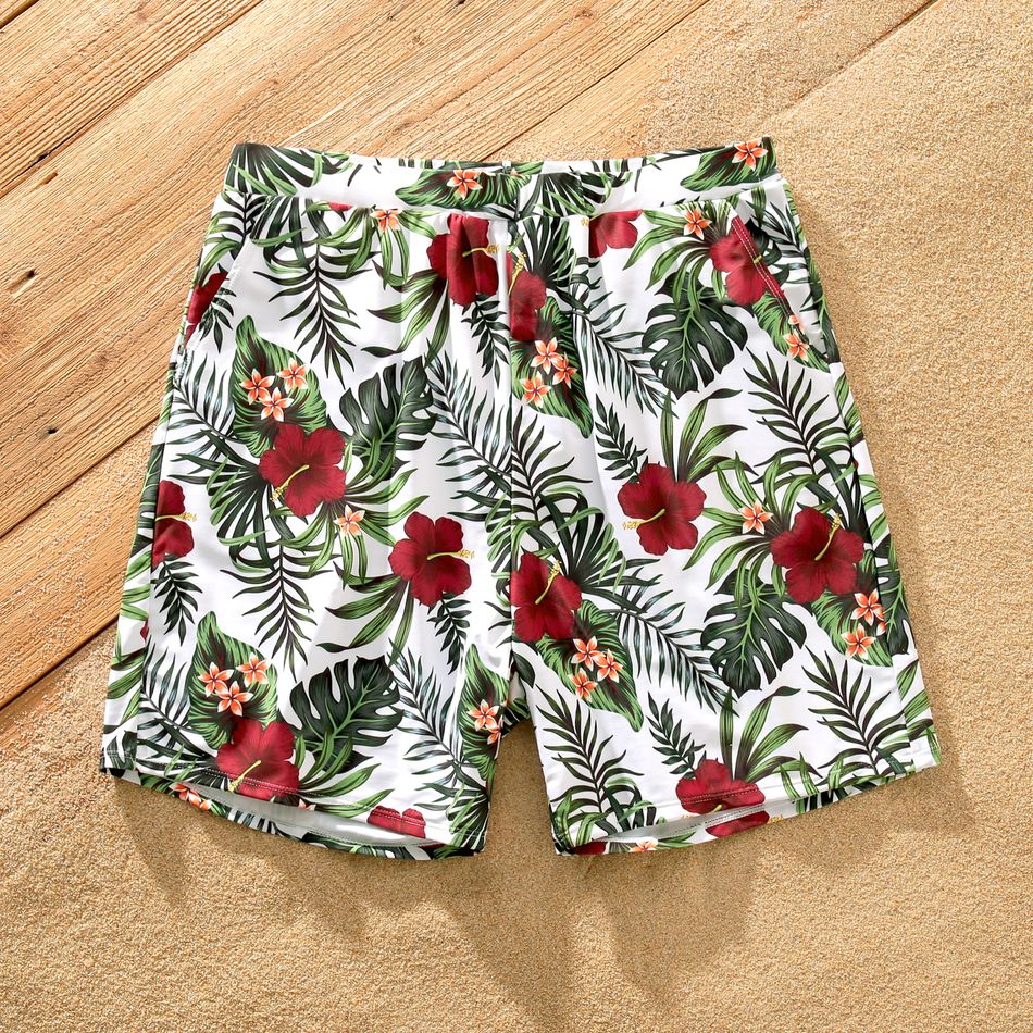 Family Matching All Over Plant Print Swim Trunks Shorts and Spaghetti Strap Splicing One-Piece Swimsuit Red big image 13