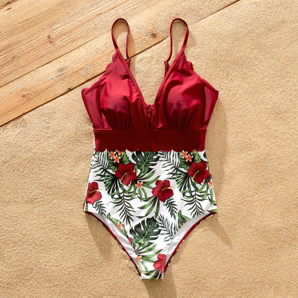 Family Matching All Over Plant Print Swim Trunks Shorts and Spaghetti Strap Splicing One-Piece Swimsuit Red big image 8