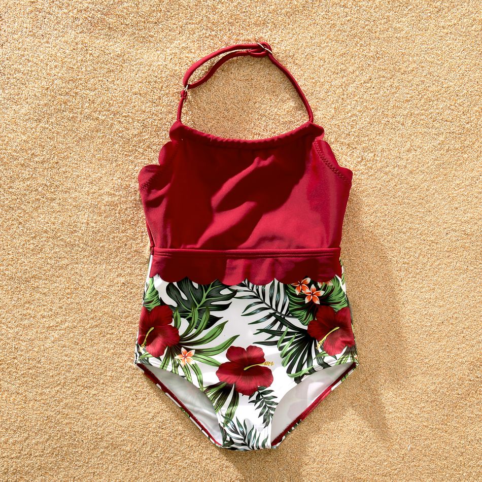 Family Matching All Over Plant Print Swim Trunks Shorts and Spaghetti Strap Splicing One-Piece Swimsuit Red big image 11