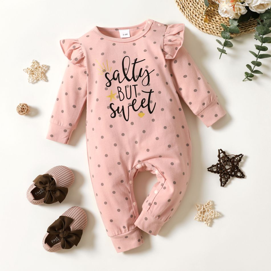 Polka Dots and Letter Print Ruffle Decor Long-sleeve Pink or Green or Yellow or Ginger or Burgundy Baby Jumpsuit Pink