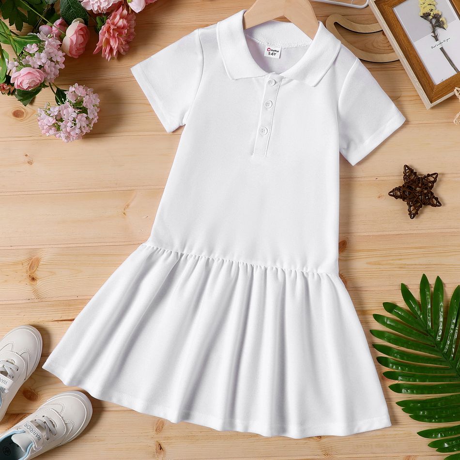 Kid Girl Solid Color Short-sleeve Pique Polo Dress White big image 1
